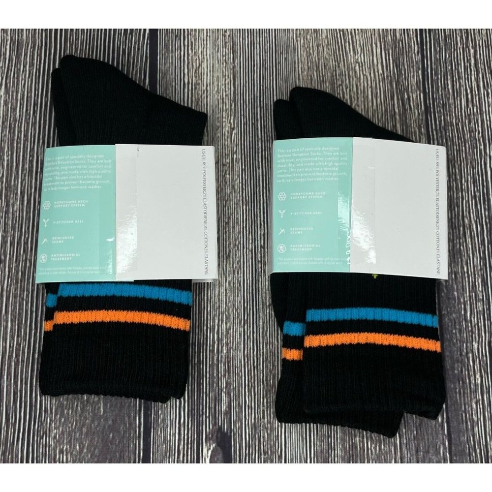 NEW BOMBAS Crew Calf Socks Black XS X-Small Women’s Orange Blue Stripe Lot of 2 - Picture 2 of 4